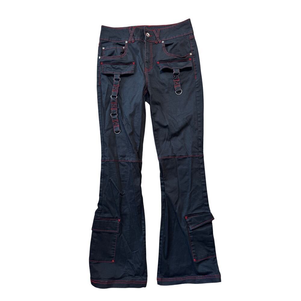 HOT TOPIC Tripp NYC Womans Jeans/Pants, Black with Red stitching; Flare, Y2K